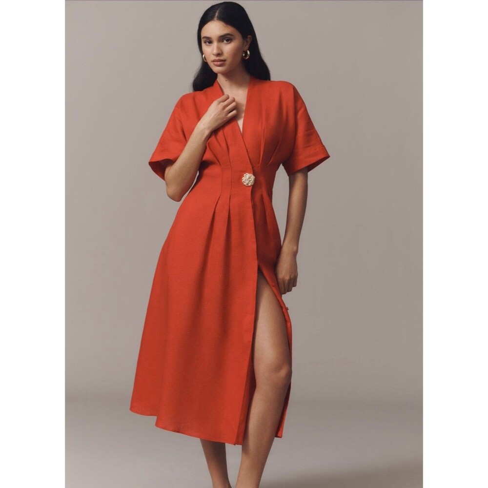 Exquise Anthropologie Shirt Dress Tobie Red Linen Preppy Boho Retro Small NWT
